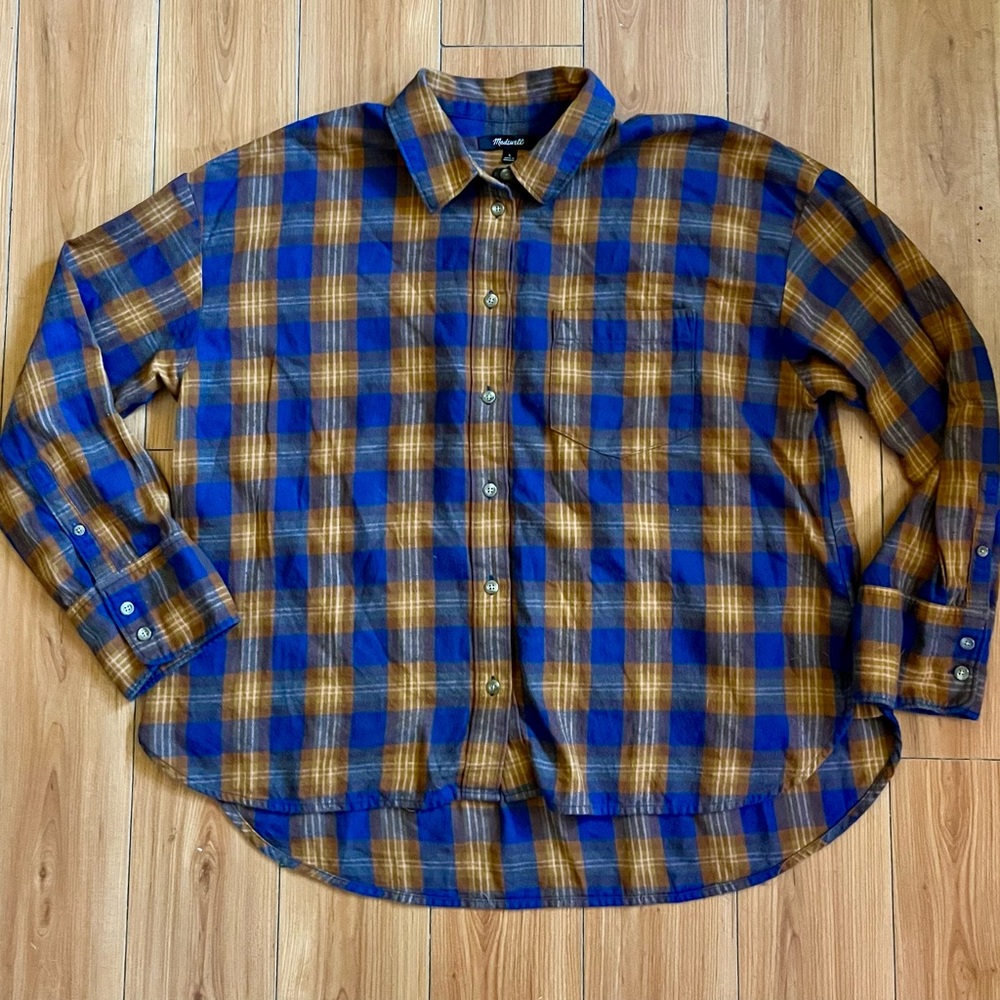 Madewell Women’s Plaid Cotton Flannel Shirt Brown & Blue Size Large